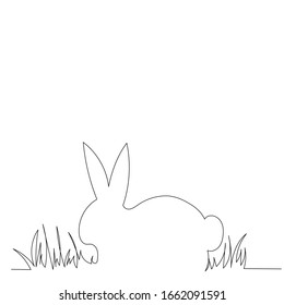 vector, on a white background, continuous line drawing, rabbit in the grass