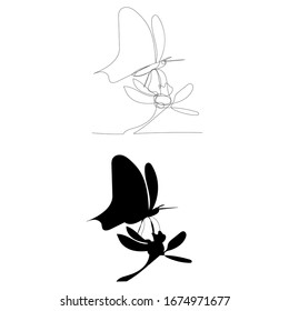 vector, on a white background, a continuous line drawing of a flower with a butterfly