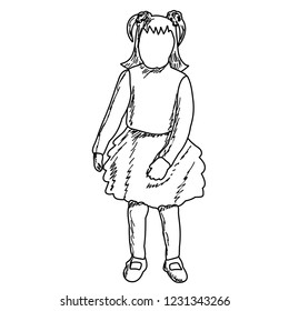 vector, on a white background, faceless child girl sketch, lines