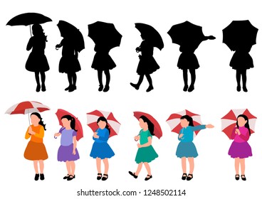 vector, on a white background, faceless silhouette little girl with umbrella, set, collection