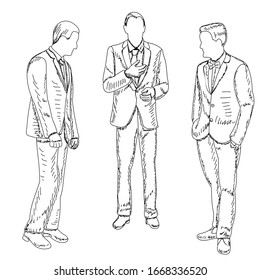 vector, on a white background, freehand sketch a group of people, men communicate