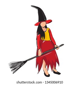 vector on white background girl with broom and hat