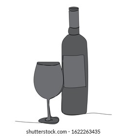 vector, on a white background, gray single line drawing, bottle with a glass