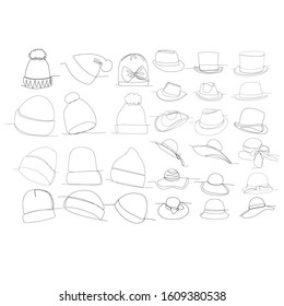 vector, on a white background, one-line drawing of a hat, set