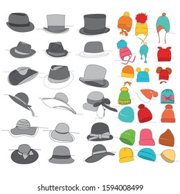 vector, on a white background, a set of hats and caps