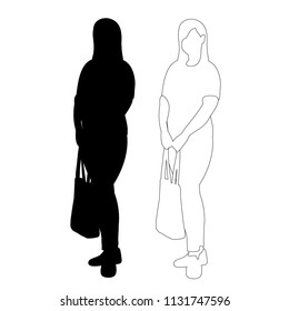 vector, on white background, silhouette, contour girl standing with bag