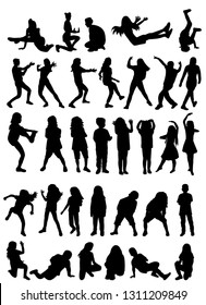 vector on white background silhouette of people and children dancing, set