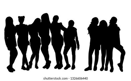 vector, on a white background, silhouette group of girls, crowd