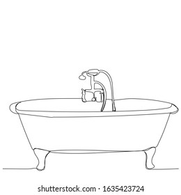 Vector, On A White Background, Single Line Drawing Of A Bathtub