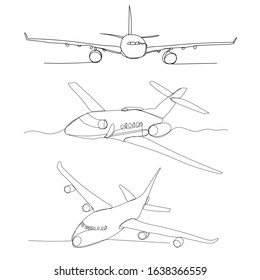 vector, on a white background, single line drawing of an airplane, set