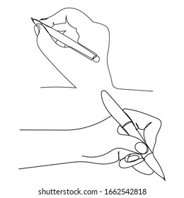 vector, on a white background, a single continuous line drawing of a hand with pen writes