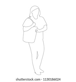 vector, on white background, sketch, outline girl with bag