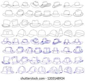 vector on a white background, sketch contour caps for men and women