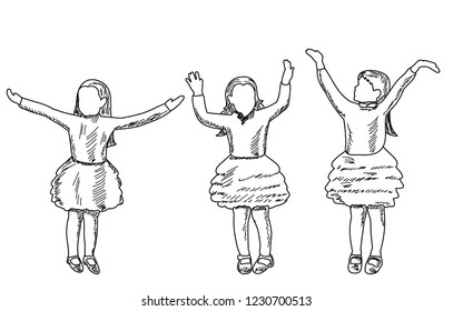 vector, on white background, sketch, lines baby in dress dancing, collection
