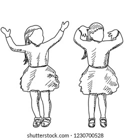 vector, on white background, sketch, lines, baby in dress dancing