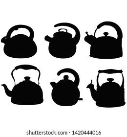 vector, on white background, sketch, black silhouette teapot with handle, set