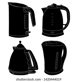 vector, on white background, sketch, black silhouette electric kettle, set