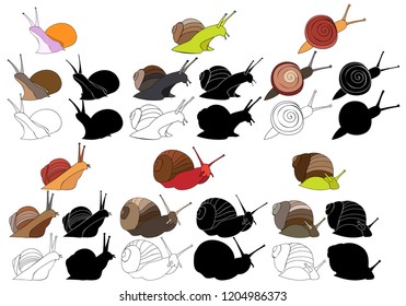 vector, on white background, snail crawling, set