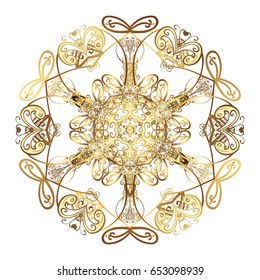 Vector on white background. Winter background with golden snowflakes and dots.