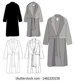 vector, on a white background, women's clothing, coat with sketch and silhouette