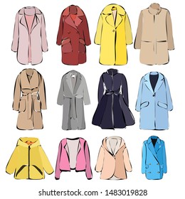 vector, on a white background, women's clothing, coat, set, collection