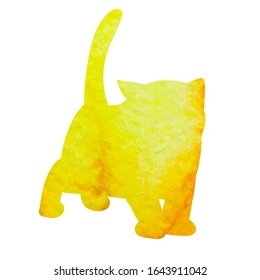 vector, on white background, yellow watercolor silhouette of a kitten