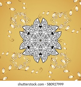 Vector on yellow background with golden elements. Damask for design.