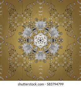 Vector on yellow background with golden elements. Damask for design.