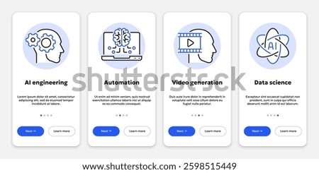 Vector onboarding screens or cards of artificial intelligence containing engineering, automation, video generation, data science. UI template for website slider or mobile app