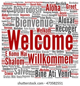 Vector oncept or conceptual square welcome or greeting international word cloud in different languages or multilingual, metaphor to world, foreign, worldwide, travel, translate, vacation or tourisme