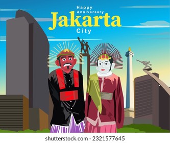 vector ondel-ondel giant puppet characteristic of Betawi Jakarta with bright and beautiful Jakarta city buildings, monas, pancoran, welcome tugu monument as a background