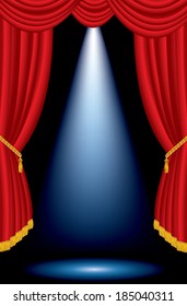vector one blue spot on stage with red curtain 