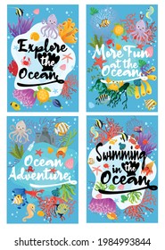 vector one card set of the ocean vibes, explore the ocean, more fun at the ocean, ocean adventure, swimming in the.  vector one card set for sign or symbol or other