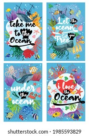 vector one card set of the ocean vibes, take me to the ocean, let the ocean set you free, under the ocean, i love.  vector one card set for sign or symbol or other