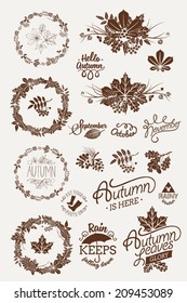 Vector one color autumn (fall) design elements and silhouettes featuring decorative floral round frames, dingbats, spacers, signs, badges, titles, month names, lettering and calligraphy pieces