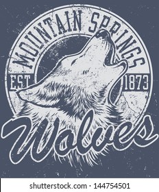 Vector one color retro howling wolf mascot athletic design complete with wolf head mascot illustration, vintage athletic fonts and matching textures (all on separate layers, of course).
