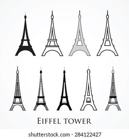 Vector one color  set of Eiffel tower. Symbol of Paris and France. For T-shirt design and travel theme. EPS 10