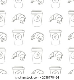 Vector One Continuous Line Drawing. Fast Food Doodle. Modern Minimalistic Style. Sweet Croissant Icon and Cup of Coffee Isolated on White Background. Seamless Pattern.