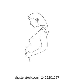 Vector in one continuous line drawing of pregnant woman Isolated on white background minimalist illustration, line art happy young mother holding her pregnant belly minimalist. 