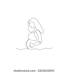 Vector in one continuous line drawing of pregnant woman Isolated on white background minimalist illustration, line art happy young mother holding her pregnant belly minimalist. 