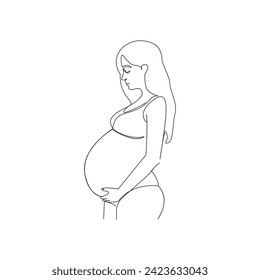 Vector in one continuous line drawing of pregnant woman Isolated on white background minimalist illustration, line art happy young mother holding her pregnant belly minimalist. 