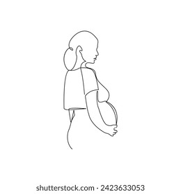 Vector in one continuous line drawing of pregnant woman Isolated on white background minimalist illustration, line art happy young mother holding her pregnant belly minimalist. 