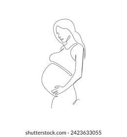 Vector in one continuous line drawing of pregnant woman Isolated on white background minimalist illustration, line art happy young mother holding her pregnant belly minimalist. 