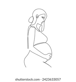 Vector in one continuous line drawing of pregnant woman Isolated on white background minimalist illustration, line art happy young mother holding her pregnant belly minimalist. 