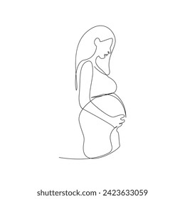 Vector in one continuous line drawing of pregnant woman Isolated on white background minimalist illustration, line art happy young mother holding her pregnant belly minimalist. 