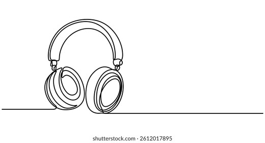 Vector one Continuous line drawing of headphones speaker headset gadget and earphones devices minimalist, Continuous one line drawing of headphones speaker for podcast web banner. Music gadget pro. 