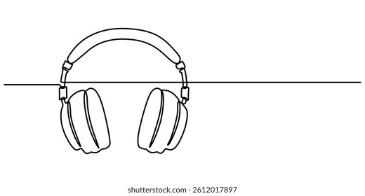 Vector one Continuous line drawing of headphones speaker headset gadget and earphones devices minimalist, Continuous one line drawing of headphones speaker for podcast web banner. Music gadget pro. 