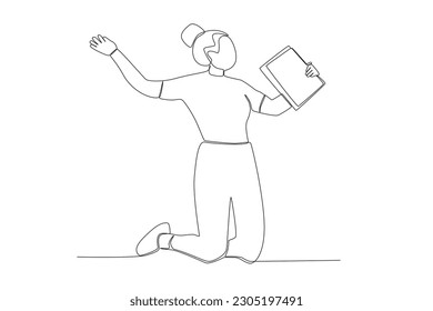 Vector one continuous line group young students in jump joyfully happy three teenager student express their graduation