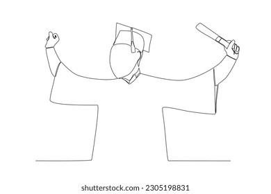 Vector one continuous line group young students in jump joyfully happy three teenager student express their graduation