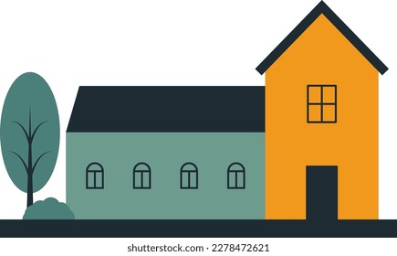 Vector one high house and one long house of different colors with shrubs and a tree in the yard eps 10. Vector yellow and turquoise house with five windows and a black door eps 10